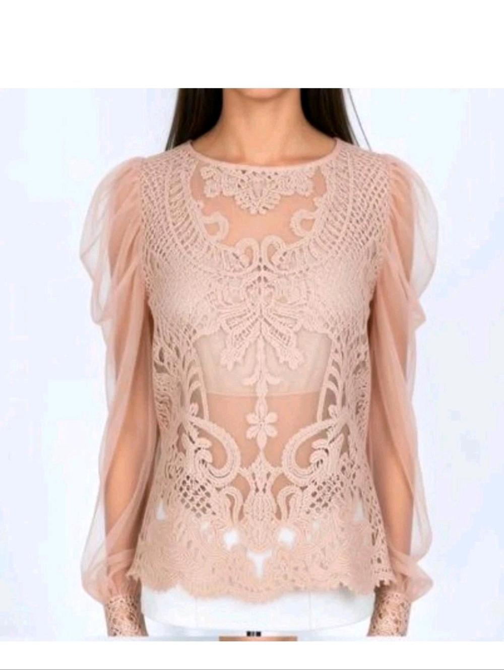 Peach Lace Dramatic Top Embroidered Lace Sheer Bell Sleeve Romantic Goth Boho M - Picture 2 of 10